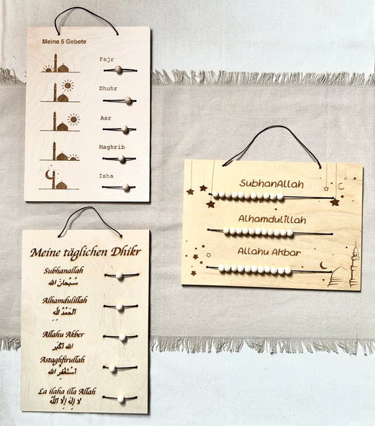 3er Set Holztafeln - Dhikr Tafel, Gebetstracker und Tägliche Dhikr