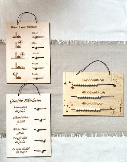 3er Set Holztafeln - Dhikr Tafel, Gebetstracker und Tägliche Dhikr