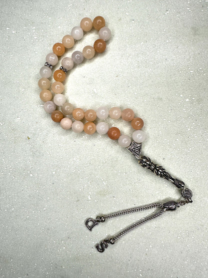 Tesbih mit Initialen aus Naturstein - Quarz white-peach