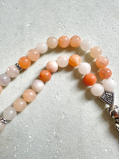 Tesbih mit Initialen aus Naturstein - Quarz white-peach