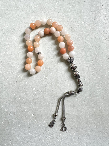 Tesbih mit Initialen aus Naturstein - Quarz white-peach