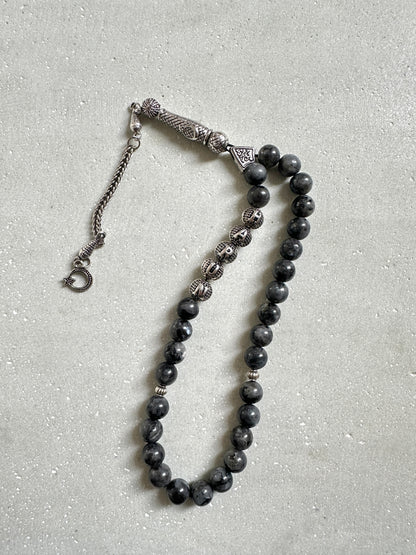 Tesbih mit Namen aus Naturstein - Labradorit - anthrazit