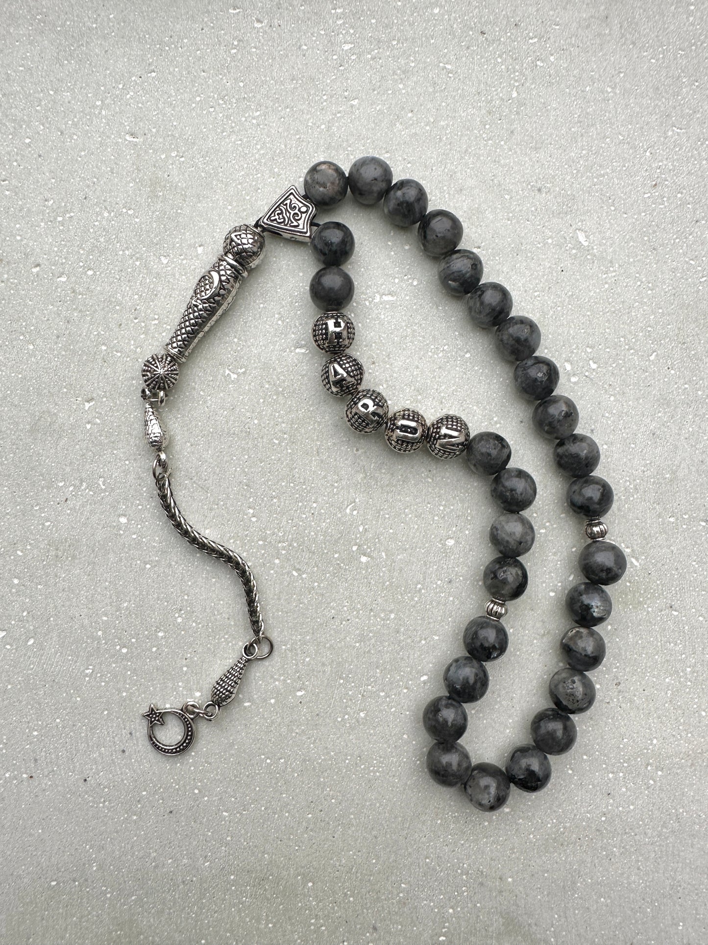 Tesbih mit Namen aus Naturstein - Labradorit - anthrazit